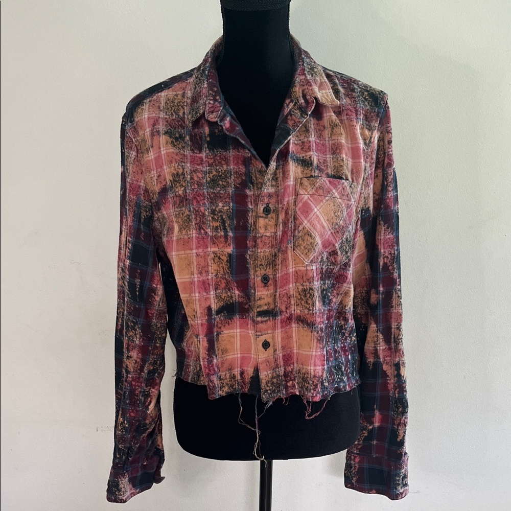 Plaid Button-Down Cropped Flannel Shirt in Pink and Blue